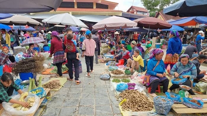 Marché ethnique nord Vietnam vente légumes